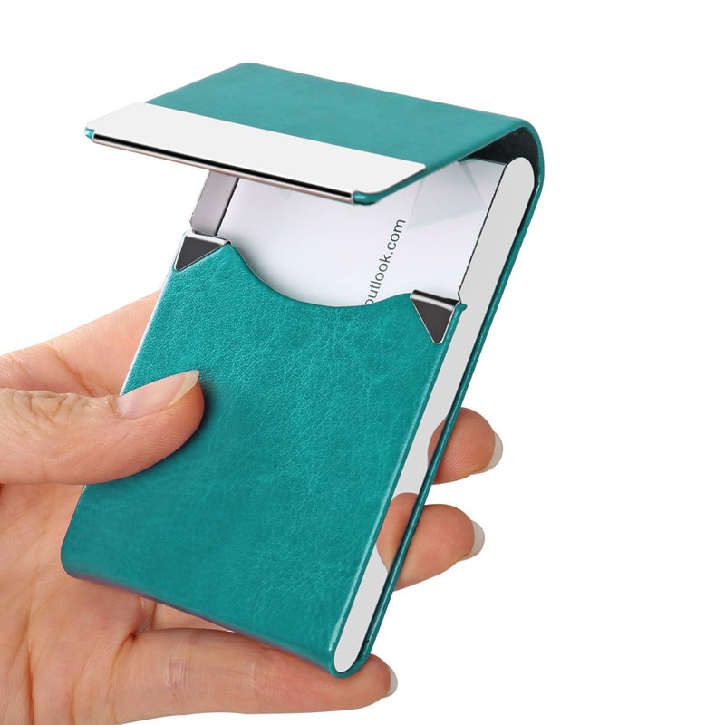 JuneLsy Business Card Holder Case - Professional PU Leather Business Card Case Metal Name Card Holder Pocket Business Card Carrier Women with Magnetic Shut (S-Mint Green) 5 - Image 1